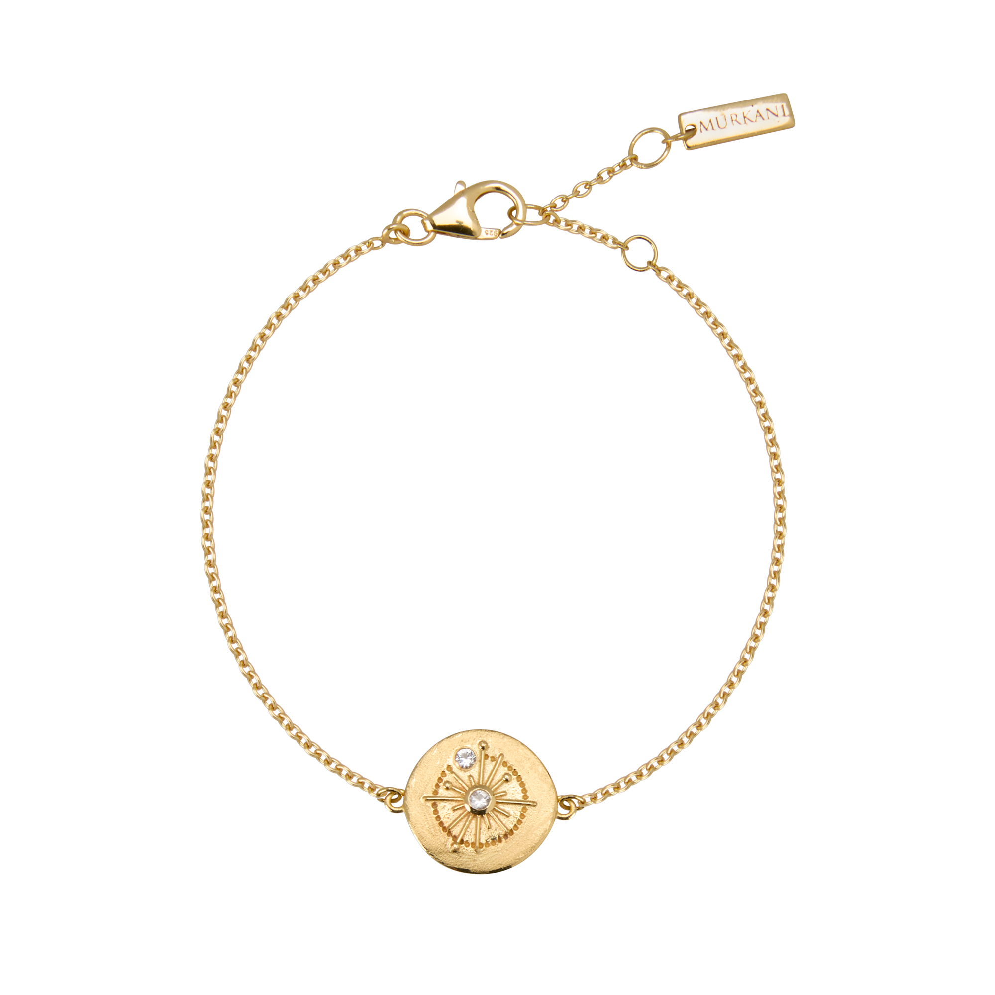 Gold bracelet with a circular pendant on a white background